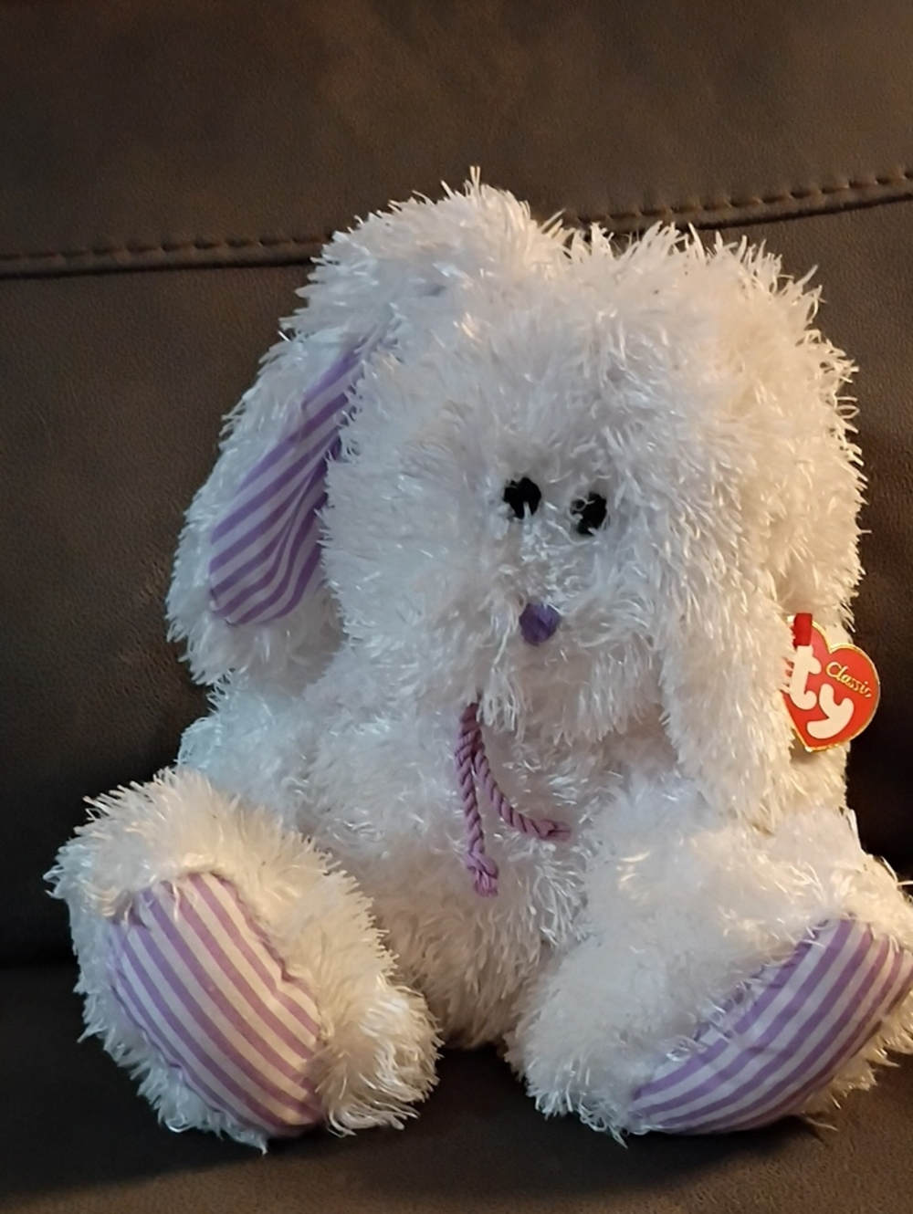 Ty White Plush Bunny with Lavender Stripes